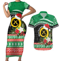 Vanuatu Pig's Tusk Meri Krismas! Couples Matching Short Sleeve Bodycon Dress and Hawaiian Shirt Vanuatuan Sand Drawing Pattern LT9 Green - Polynesian Pride