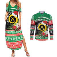 Vanuatu Pig's Tusk Meri Krismas! Couples Matching Summer Maxi Dress and Long Sleeve Button Shirt Vanuatuan Sand Drawing Pattern LT9 Green - Polynesian Pride