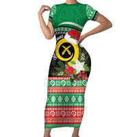 Vanuatu Pig's Tusk Meri Krismas! Family Matching Short Sleeve Bodycon Dress and Hawaiian Shirt Vanuatuan Sand Drawing Pattern LT9 Mom's Dress Green - Polynesian Pride