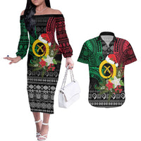 Vanuatu Pig's Tusk Meri Krismas! Couples Matching Off The Shoulder Long Sleeve Dress and Hawaiian Shirt Vanuatuan Ancient Art Spirit LT9 Black - Polynesian Pride