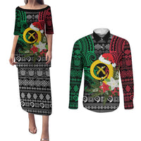 Vanuatu Pig's Tusk Meri Krismas! Couples Matching Puletasi and Long Sleeve Button Shirt Vanuatuan Ancient Art Spirit LT9 Black - Polynesian Pride
