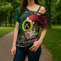 Vanuatu Pig's Tusk Meri Krismas! Cross Shoulder Shirt Vanuatuan Ancient Art Spirit - Polynesian Pride