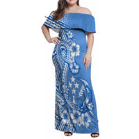 Kosrae Constitution Day Personalised Family Matching Off Shoulder Maxi Dress and Hawaiian Shirt Kusaie Hook Tattoo Special Polynesian Pattern LT9 Mom's Dress Blue - Polynesian Pride