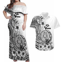 Ia Orana Tahiti Personalised Couples Matching Off Shoulder Maxi Dress and Hawaiian Shirt French Polynesia Hook Tattoo Special White Color LT9