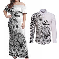 Ia Orana Tahiti Personalised Couples Matching Off Shoulder Maxi Dress and Long Sleeve Button Shirt French Polynesia Hook Tattoo Special White Color LT9 White - Polynesian Pride