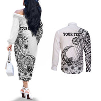 Ia Orana Tahiti Personalised Couples Matching Off The Shoulder Long Sleeve Dress and Long Sleeve Button Shirt French Polynesia Hook Tattoo Special White Color LT9 - Polynesian Pride