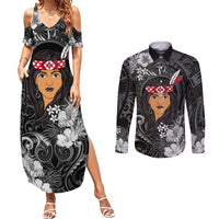 New Zealand Custom Women's Day Couples Matching Summer Maxi Dress and Long Sleeve Button Shirt Maori Girl Feathers of Hope - Black LT9 Black - Polynesian Pride