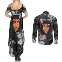 New Zealand Custom Women's Day Couples Matching Summer Maxi Dress and Long Sleeve Button Shirt Maori Girl Feathers of Hope - Black LT9 - Polynesian Pride