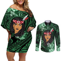 New Zealand Custom Women's Day Couples Matching Off Shoulder Short Dress and Long Sleeve Button Shirt Maori Girl Feathers of Hope - Green LT9 Green - Polynesian Pride