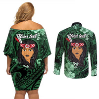 New Zealand Custom Women's Day Couples Matching Off Shoulder Short Dress and Long Sleeve Button Shirt Maori Girl Feathers of Hope - Green LT9 - Polynesian Pride