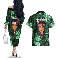 New Zealand Custom Women's Day Couples Matching Off The Shoulder Long Sleeve Dress and Hawaiian Shirt Maori Girl Feathers of Hope - Green LT9 - Polynesian Pride