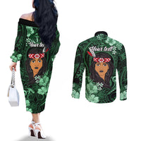 New Zealand Custom Women's Day Couples Matching Off The Shoulder Long Sleeve Dress and Long Sleeve Button Shirt Maori Girl Feathers of Hope - Green LT9 - Polynesian Pride