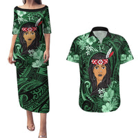 New Zealand Custom Women's Day Couples Matching Puletasi and Hawaiian Shirt Maori Girl Feathers of Hope - Green LT9 Green - Polynesian Pride