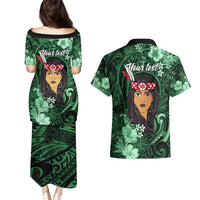 New Zealand Custom Women's Day Couples Matching Puletasi and Hawaiian Shirt Maori Girl Feathers of Hope - Green LT9 - Polynesian Pride