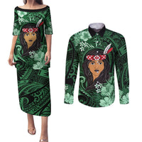 New Zealand Custom Women's Day Couples Matching Puletasi and Long Sleeve Button Shirt Maori Girl Feathers of Hope - Green LT9 Green - Polynesian Pride