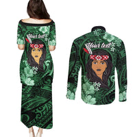 New Zealand Custom Women's Day Couples Matching Puletasi and Long Sleeve Button Shirt Maori Girl Feathers of Hope - Green LT9 - Polynesian Pride
