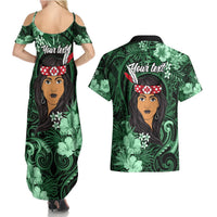New Zealand Custom Women's Day Couples Matching Summer Maxi Dress and Hawaiian Shirt Maori Girl Feathers of Hope - Green LT9 - Polynesian Pride