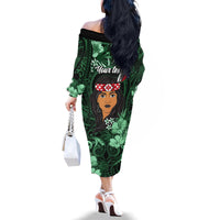New Zealand Custom Women's Day Family Matching Off Shoulder Long Sleeve Dress and Hawaiian Shirt Maori Girl Feathers of Hope - Green LT9 - Polynesian Pride