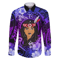 New Zealand Custom Women's Day Family Matching Mermaid Dress and Hawaiian Shirt Maori Girl Feathers of Hope - Purple LT9 Dad's Shirt - Long Sleeve Purple - Polynesian Pride