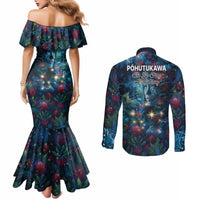New Zealand Matariki Pohutukawa Couples Matching Mermaid Dress and Long Sleeve Button Shirt Te Mauri te Ora LT9 - Polynesian Pride