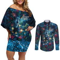 New Zealand Matariki Pohutukawa Couples Matching Off Shoulder Short Dress and Long Sleeve Button Shirt Te Mauri te Ora LT9 Art - Polynesian Pride