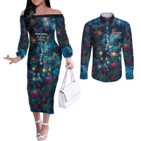 New Zealand Matariki Pohutukawa Couples Matching Off The Shoulder Long Sleeve Dress and Long Sleeve Button Shirt Te Mauri te Ora LT9 Art - Polynesian Pride