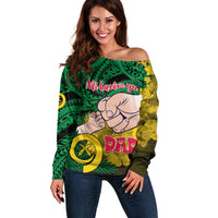 Fathers Day Polynesian Islands Vanuatu Off Shoulder Sweater Dad Mi lavem yu - Polynesian Flowers Tribal LT9 Women Green - Polynesian Pride