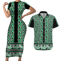 New Zealand Maori Niho Taniwha Couples Matching Short Sleeve Bodycon Dress and Hawaiian Shirt Kakariki Mangopare and Puhoro Pattern LT9 Green - Polynesian Pride