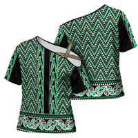 New Zealand Maori Niho Taniwha Cross Shoulder Shirt Kakariki Mangopare and Puhoro Pattern - Polynesian Pride