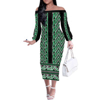 New Zealand Maori Niho Taniwha Family Matching Off The Shoulder Long Sleeve Dress and Hawaiian Shirt Kakariki Mangopare and Puhoro Pattern