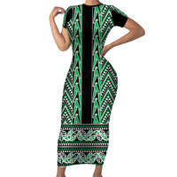 New Zealand Maori Niho Taniwha Short Sleeve Bodycon Dress Kakariki Mangopare and Puhoro Pattern