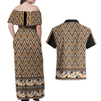 New Zealand Maori Niho Taniwha Couples Matching Off Shoulder Maxi Dress and Hawaiian Shirt Karaka Mangopare and Puhoro Pattern LT9 - Polynesian Pride