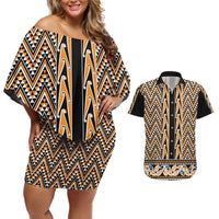 New Zealand Maori Niho Taniwha Couples Matching Off Shoulder Short Dress and Hawaiian Shirt Karaka Mangopare and Puhoro Pattern LT9 Gold - Polynesian Pride