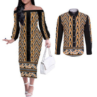 New Zealand Maori Niho Taniwha Couples Matching Off The Shoulder Long Sleeve Dress and Long Sleeve Button Shirt Karaka Mangopare and Puhoro Pattern LT9 Gold - Polynesian Pride