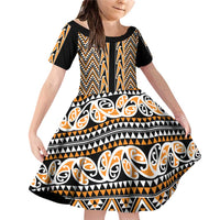 New Zealand Maori Niho Taniwha Family Matching Off Shoulder Short Dress and Hawaiian Shirt Karaka Mangopare and Puhoro Pattern LT9 Daughter's Dress Gold - Polynesian Pride