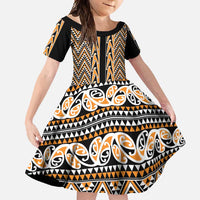 New Zealand Maori Niho Taniwha Family Matching Short Sleeve Bodycon Dress and Hawaiian Shirt Karaka Mangopare and Puhoro Pattern LT9 Daughter's Dress Gold - Polynesian Pride