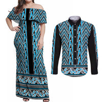 New Zealand Maori Niho Taniwha Couples Matching Off Shoulder Maxi Dress and Long Sleeve Button Shirt Kikorangi Mangopare and Puhoro Pattern LT9 Blue - Polynesian Pride