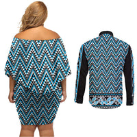 New Zealand Maori Niho Taniwha Couples Matching Off Shoulder Short Dress and Long Sleeve Button Shirt Kikorangi Mangopare and Puhoro Pattern LT9 - Polynesian Pride