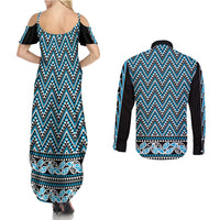 New Zealand Maori Niho Taniwha Couples Matching Summer Maxi Dress and Long Sleeve Button Shirt Kikorangi Mangopare and Puhoro Pattern LT9 - Polynesian Pride