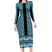 New Zealand Maori Niho Taniwha Family Matching Long Sleeve Bodycon Dress and Hawaiian Shirt Kikorangi Mangopare and Puhoro Pattern LT9 Mom's Dress Blue - Polynesian Pride