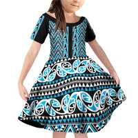 New Zealand Maori Niho Taniwha Family Matching Off Shoulder Short Dress and Hawaiian Shirt Kikorangi Mangopare and Puhoro Pattern LT9 Daughter's Dress Blue - Polynesian Pride