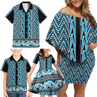New Zealand Maori Niho Taniwha Family Matching Off Shoulder Short Dress and Hawaiian Shirt Kikorangi Mangopare and Puhoro Pattern LT9 - Polynesian Pride