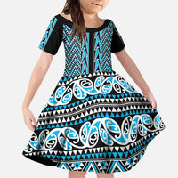 New Zealand Maori Niho Taniwha Family Matching Short Sleeve Bodycon Dress and Hawaiian Shirt Kikorangi Mangopare and Puhoro Pattern LT9 Daughter's Dress Blue - Polynesian Pride