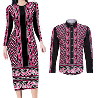 New Zealand Maori Niho Taniwha Couples Matching Long Sleeve Bodycon Dress and Long Sleeve Button Shirt Mawhero Mangopare and Puhoro Pattern LT9 Pink - Polynesian Pride