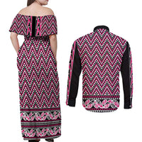 New Zealand Maori Niho Taniwha Couples Matching Off Shoulder Maxi Dress and Long Sleeve Button Shirt Mawhero Mangopare and Puhoro Pattern LT9 - Polynesian Pride
