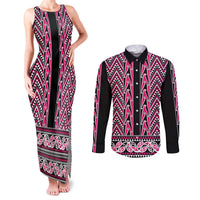 New Zealand Maori Niho Taniwha Couples Matching Tank Maxi Dress and Long Sleeve Button Shirt Mawhero Mangopare and Puhoro Pattern LT9 Pink - Polynesian Pride