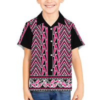 New Zealand Maori Niho Taniwha Family Matching Off Shoulder Short Dress and Hawaiian Shirt Mawhero Mangopare and Puhoro Pattern LT9 Son's Shirt Pink - Polynesian Pride