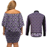 New Zealand Maori Niho Taniwha Couples Matching Off Shoulder Short Dress and Long Sleeve Button Shirt Waiporopo Mangopare and Puhoro Pattern LT9 - Polynesian Pride