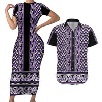 New Zealand Maori Niho Taniwha Couples Matching Short Sleeve Bodycon Dress and Hawaiian Shirt Waiporopo Mangopare and Puhoro Pattern LT9 Purple - Polynesian Pride