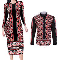 New Zealand Maori Niho Taniwha Couples Matching Long Sleeve Bodycon Dress and Long Sleeve Button Shirt Whero Mangopare and Puhoro Pattern LT9 Red - Polynesian Pride